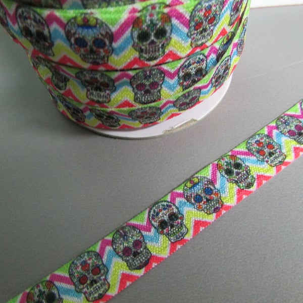 Sugar Skull Rainbow Zig Zag Fold Over Elastic x 1 metre sewing crafts