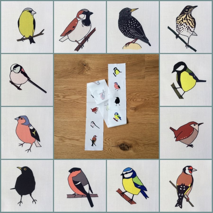 Garden bird fabric strip - 12 birds