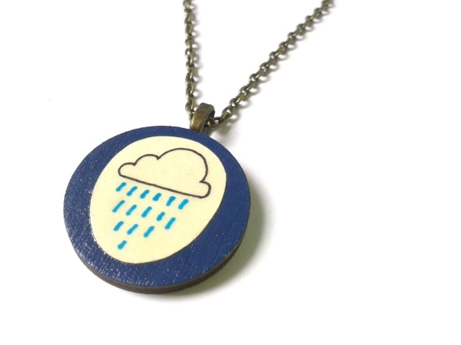 Illustrated Navy Blue Rain Cloud Necklace