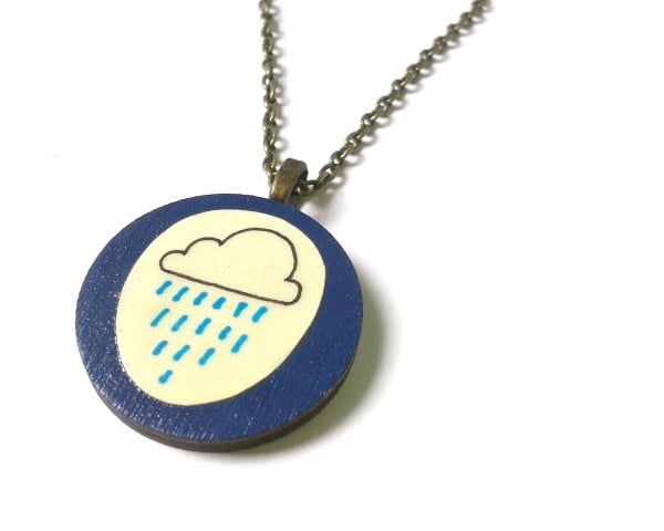 Illustrated Navy Blue Rain Cloud Necklace