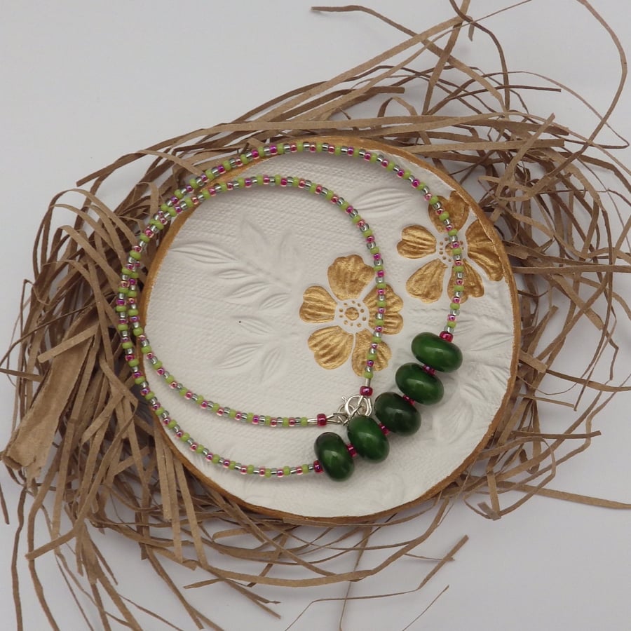 Deep green handmade lampwork glass bead necklace