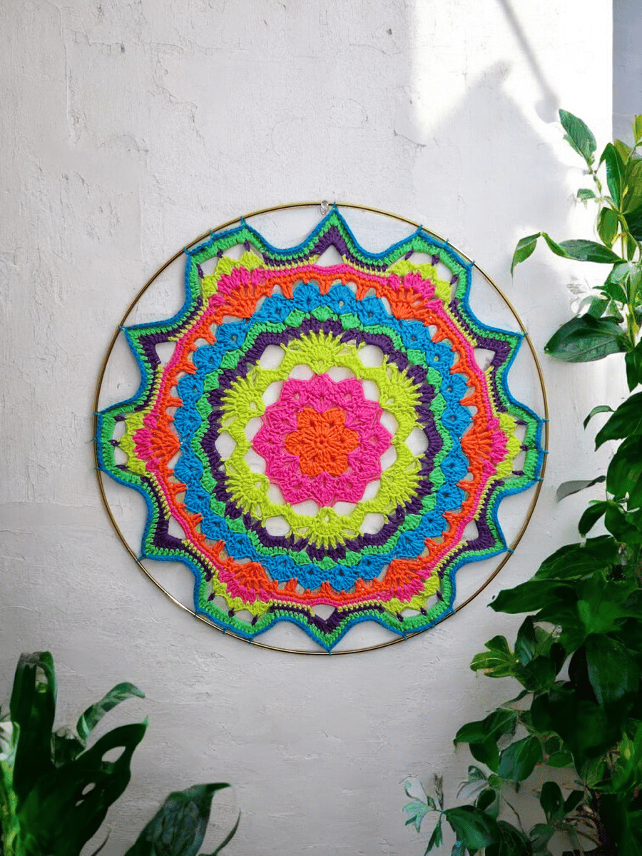 Large, bright crochet hooped mandala wall art