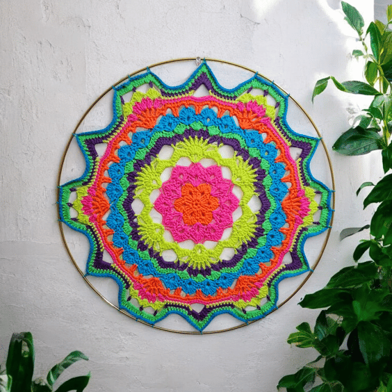 Large, bright crochet hooped mandala wall art