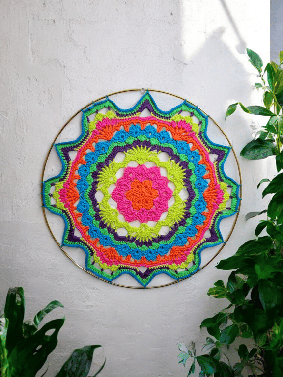Large, bright crochet hooped mandala wall art