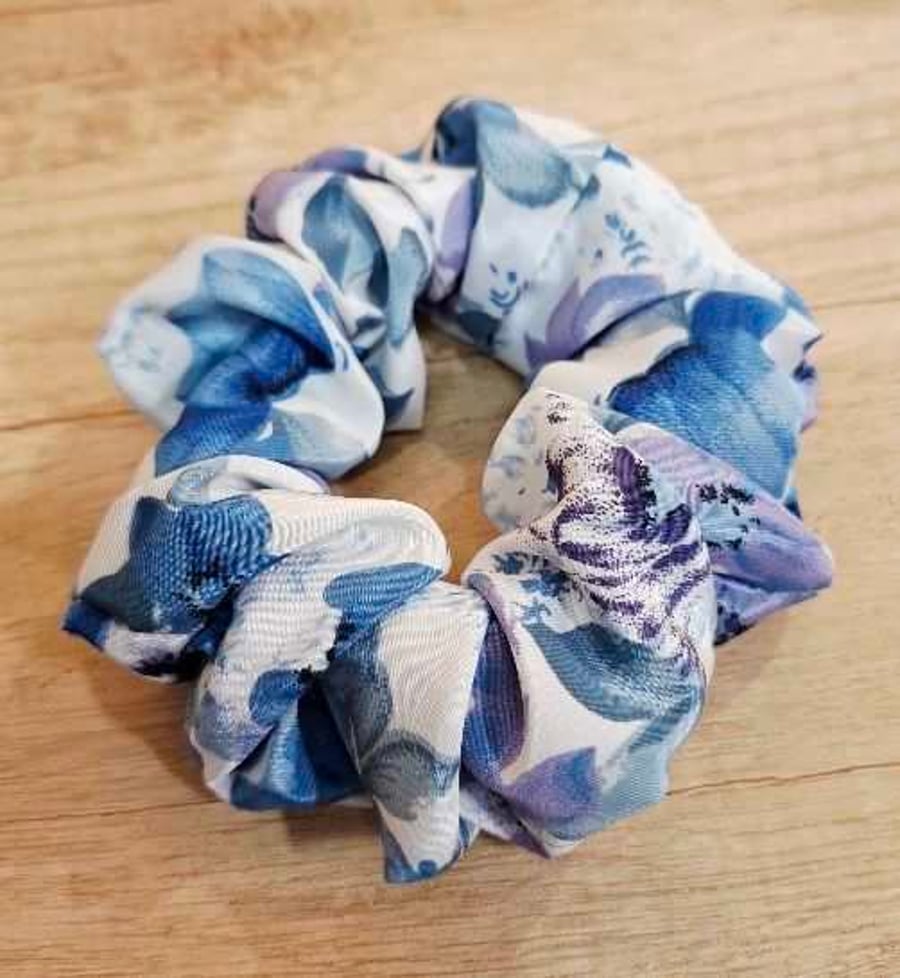 Handmade soft blue floral scrunchie