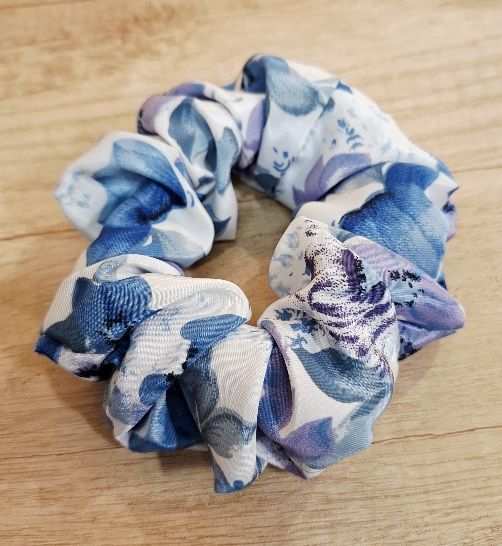 Handmade soft blue floral scrunchie