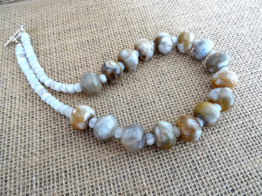 Blue Lace agate and faceted  cracked agate necklace