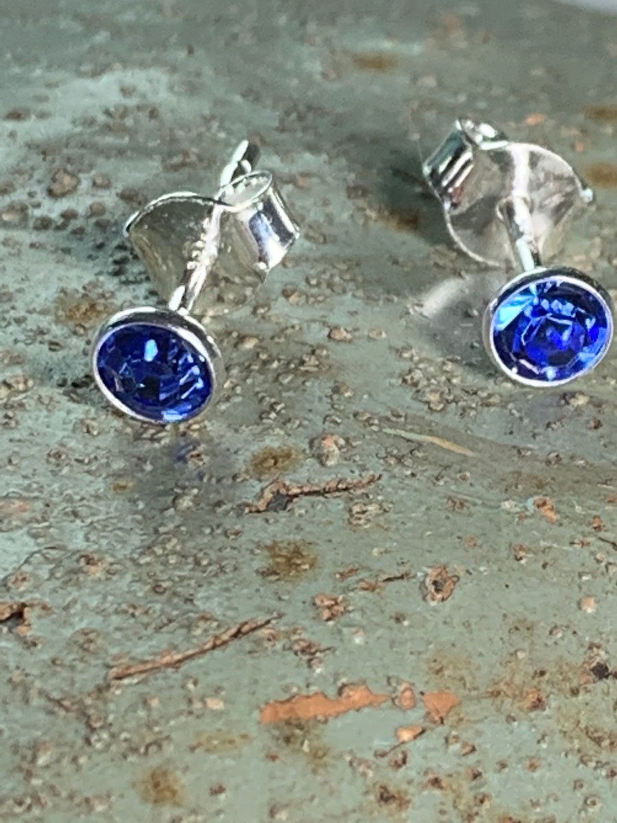 Sapphire Swarovski crystal Sterling Silver stud earrings FREE UK DELIVERY 