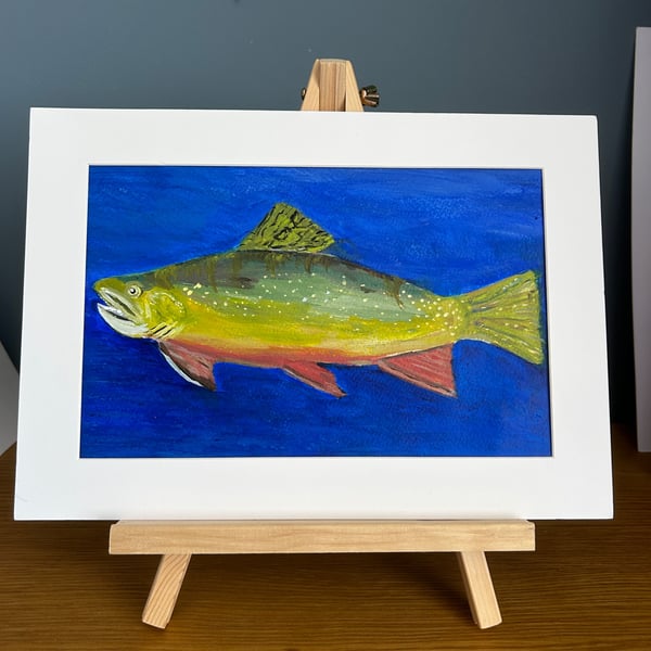 Brook trout in deep blue water. Original painting in acrylics 