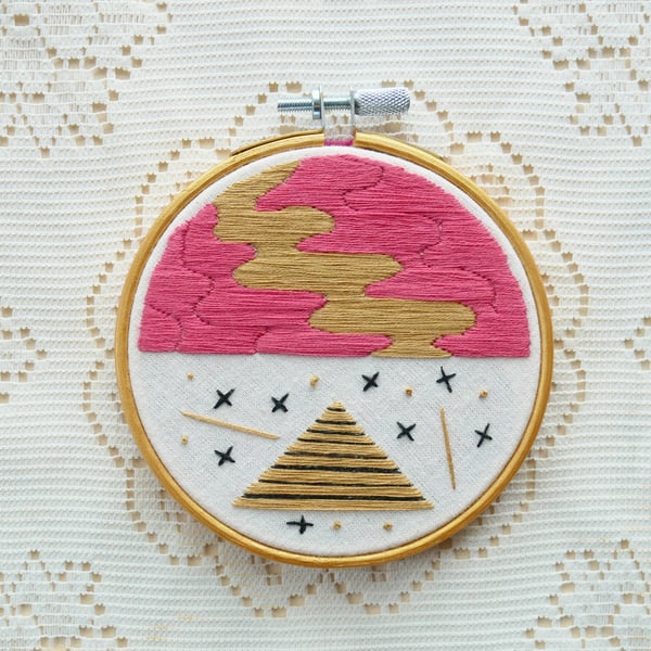 Space and Time 4 Inch embroidered piece in Pink, Black and Gold