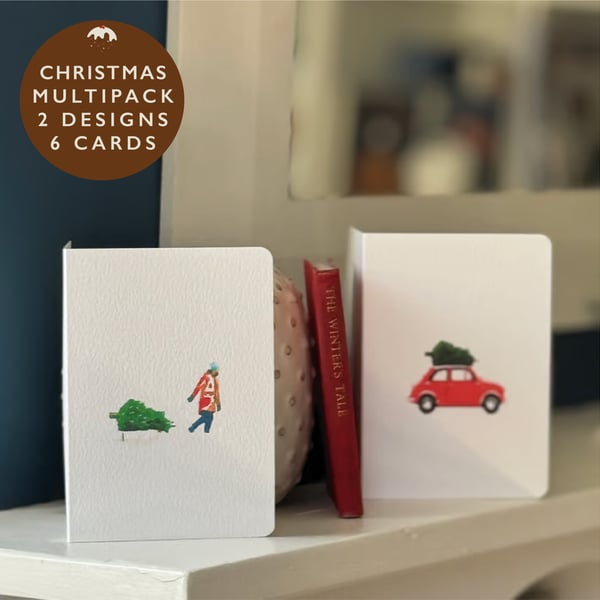 Christmas Card multipack 2 designs 6 cards man sledge car tree