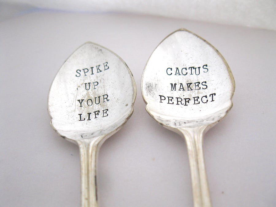 Hand Stamped Funny Cactus Labels, Spoon Plant Markers