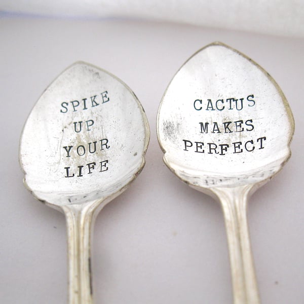 Hand Stamped Funny Cactus Labels, Spoon Plant Markers