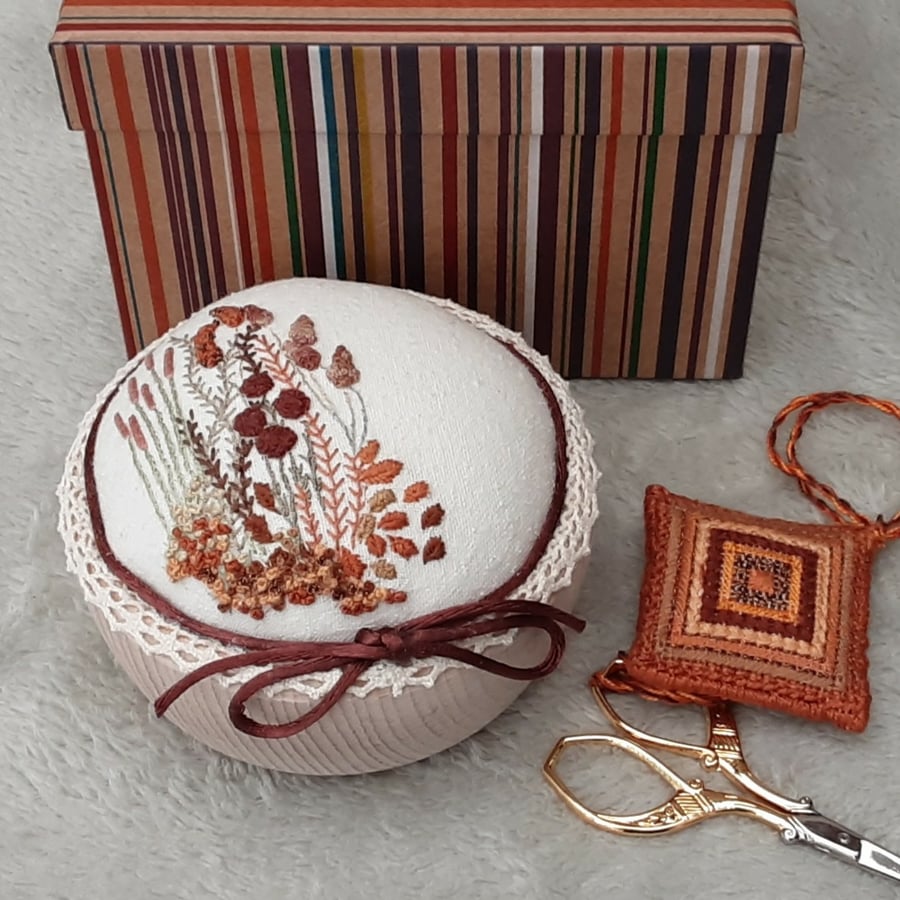 Hand embroidered boxed pincushion, Scissor keep & scissors gift set
