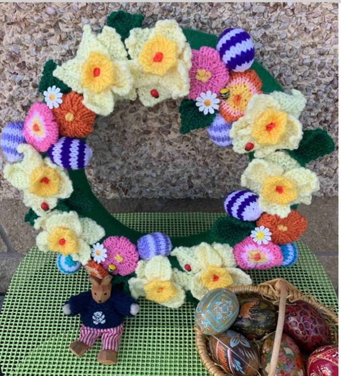 Handcrafted  knitted Easter wreath 13 .5 inches with eggs and daffodils 