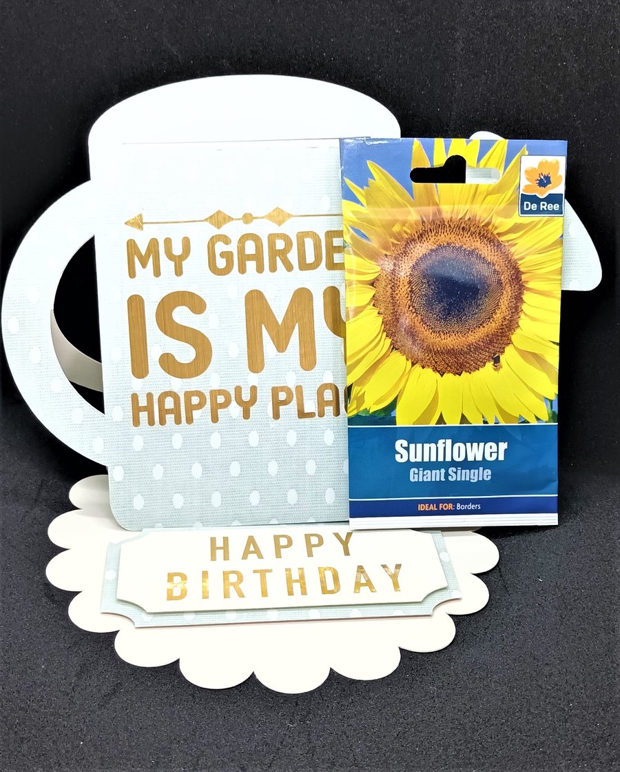 Unique design for a gardeners birthday card with sunflower seeds