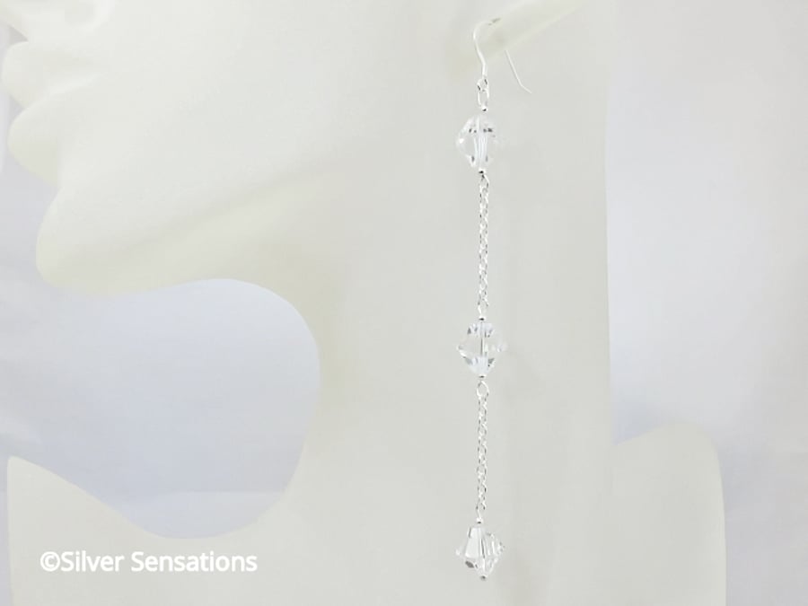 Unique Design Long Crystals Shoulder Duster Earrings With Sterling Silver Chains