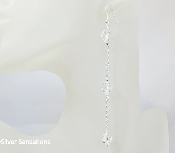 Unique Design Long Crystals Shoulder Duster Earrings With Sterling Silver Chains