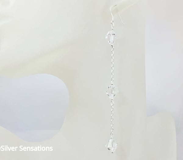Unique Design Long sparkly Crystals Earrings With Sterling Silver Chains