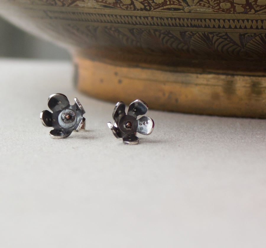 Cherry Blossom Stud Earrings, Oxidised Sterling Silver & Copper, Gift for her