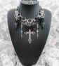 Chainmaile Gothic Layered Necklace with Black Bows, Cross, Spikes and Beads - Image 2