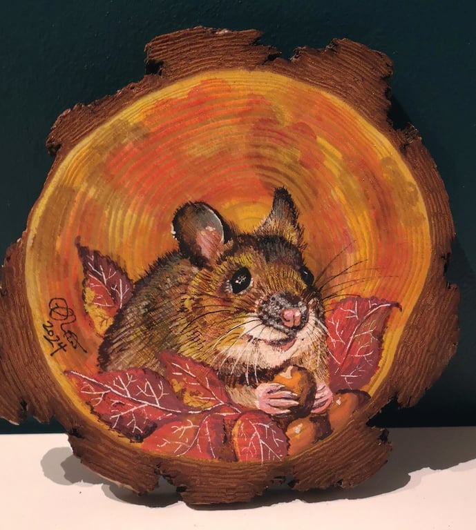 Wood Mouse - Original Painting on Wood Slice with bark