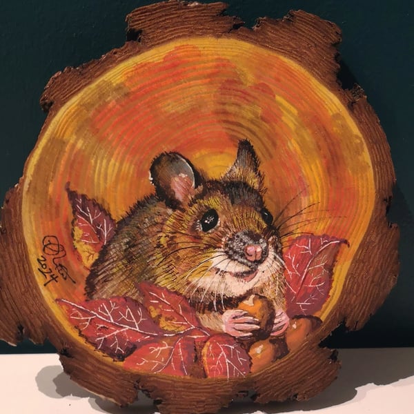 Wood Mouse - Original Painting on Wood Slice with bark