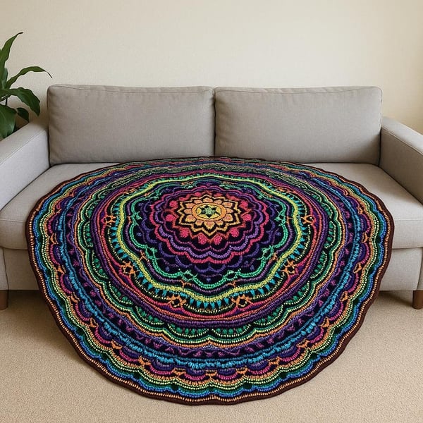 Large crochet circular throw blanket sparkly colourful mandala madness 5.9ft 