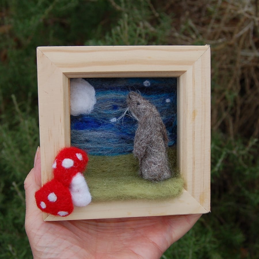  Moon gazing hare - nursery wall hanging - needle felt, wool decoration