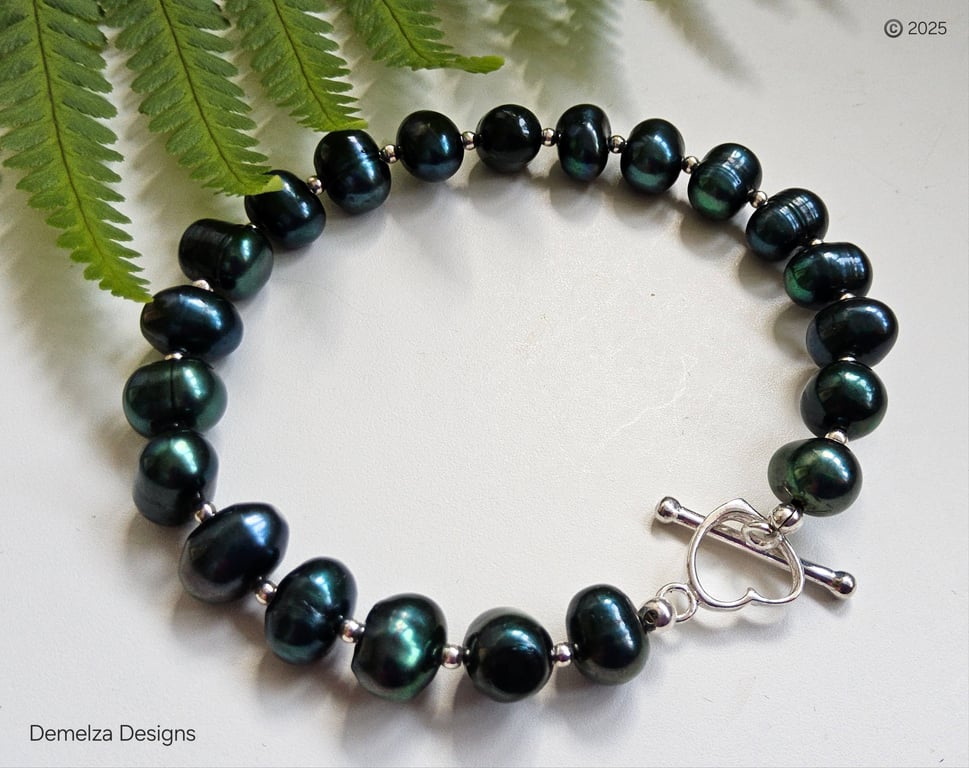 Bottle Green Potato Cultured Pearl Heavy Weight Sterling Silver Heart Bracelet 