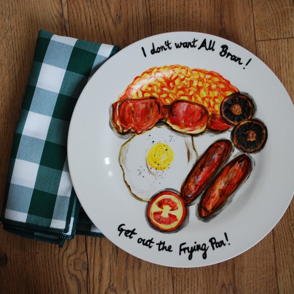 Great British Fry Up Hand Painted Dinner Plate Yummy Breakfast Sausage Egg Bacon