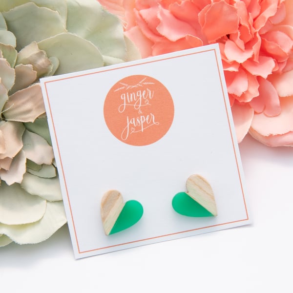 Green Resin & Wood Heart Earrings, Spliced Heart Studs, Green Hearts, Wood Studs