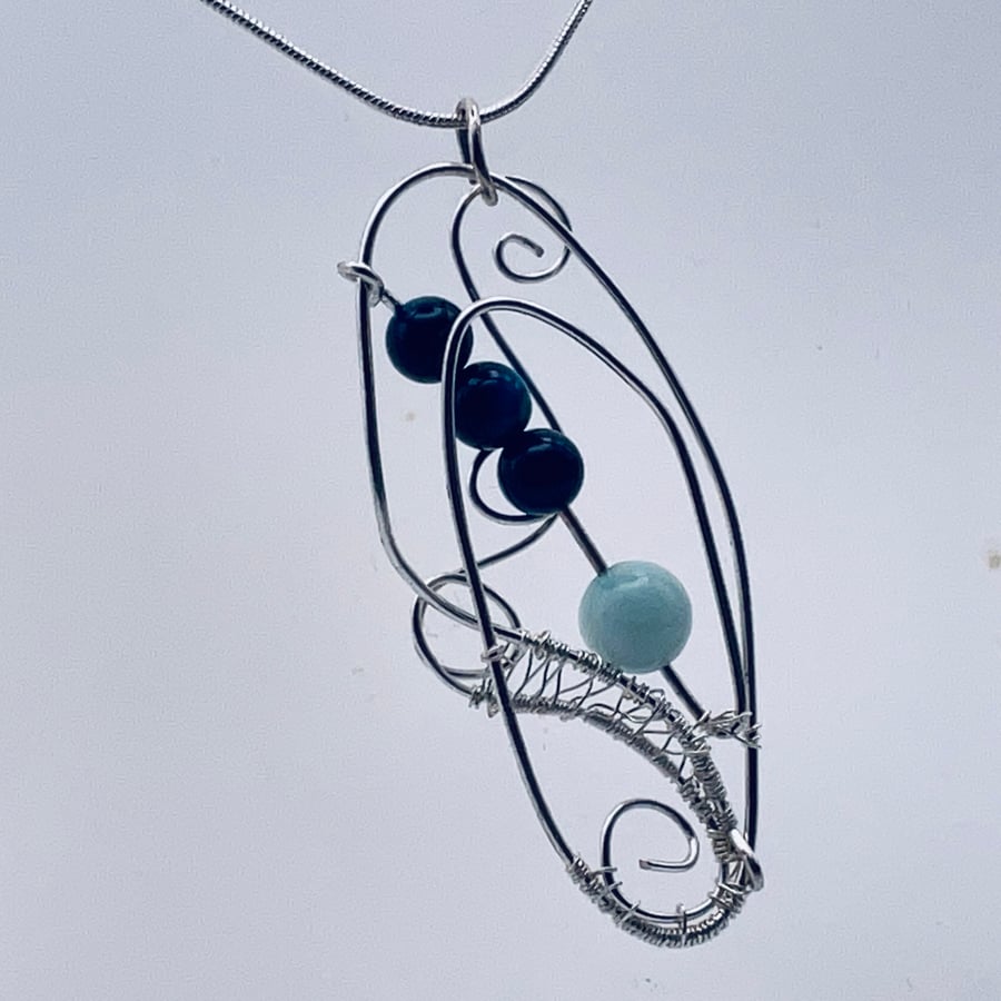 Bargain open work silver wire pendant with amazonite and lapis lazuli beads