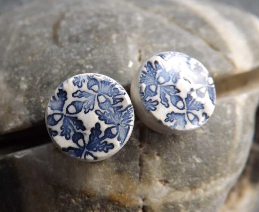 Handmade Ceramic and sterling silver Oak Leaf round stud earrings in blue