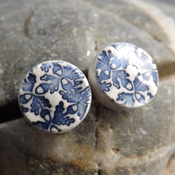 Handmade Ceramic and sterling silver Oak Leaf round stud earrings in blue