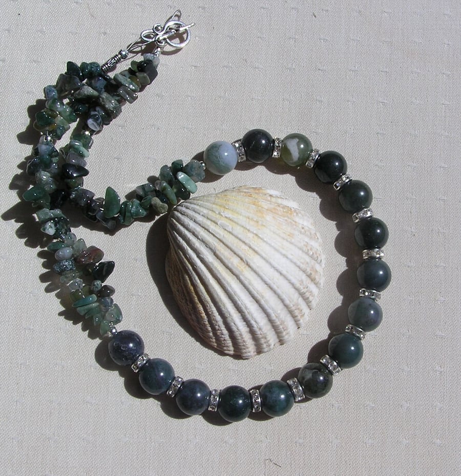 Green Moss Agate Crystal Gemstone Chunky Statement Necklace "Glas Dew"