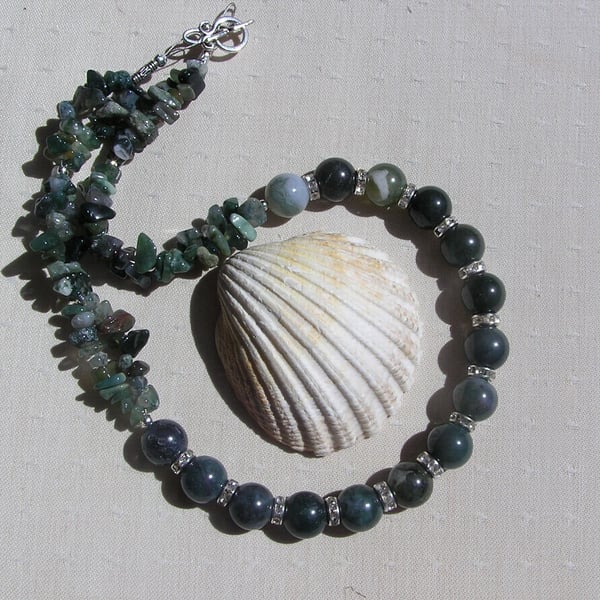Green Moss Agate Crystal Gemstone Chunky Statement Necklace "Glas Dew"