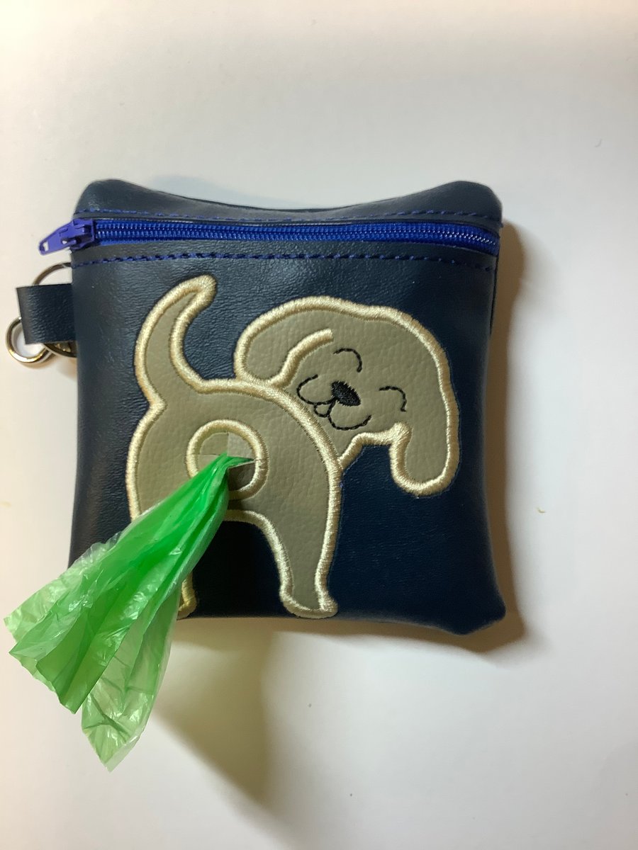 Lovely Lab Embroidered Navy blue faux leather dog poo bag dispenser,