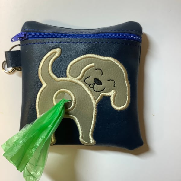 Lovely Lab Embroidered Navy blue faux leather dog poo bag dispenser,