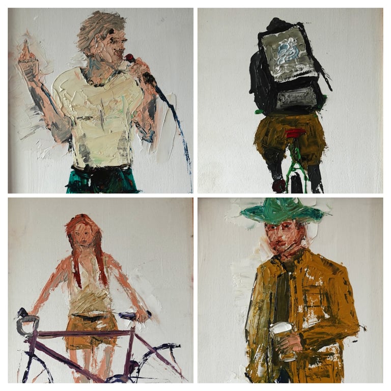 'Punk Bikes', 4 original oil knife paintings framed set 8.5x25inch (22x64cm).