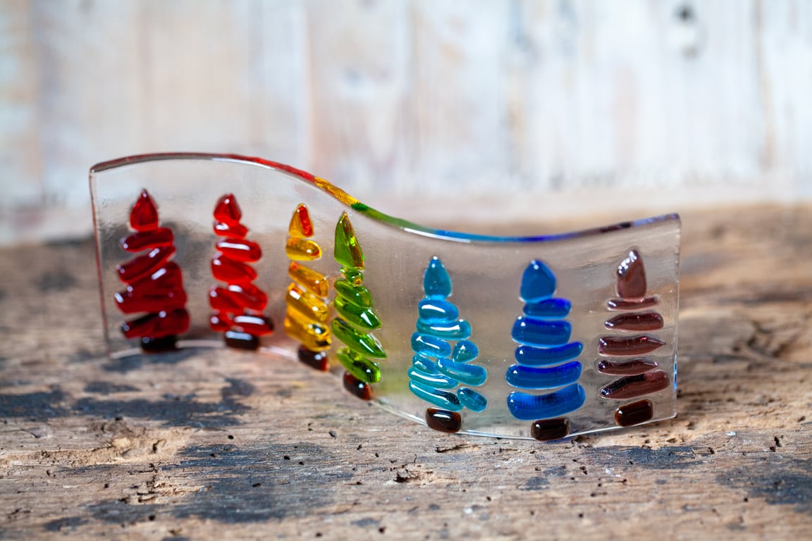 Fused Glass Trees Rainbow Wave, Tea Light Screen, 3D Xmas Ornament