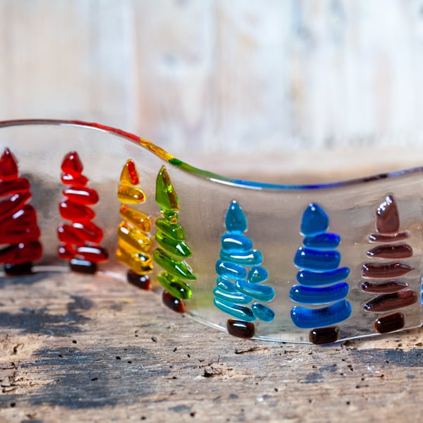 Fused Glass Trees Rainbow Wave, Tea Light Screen, 3D Xmas Ornament