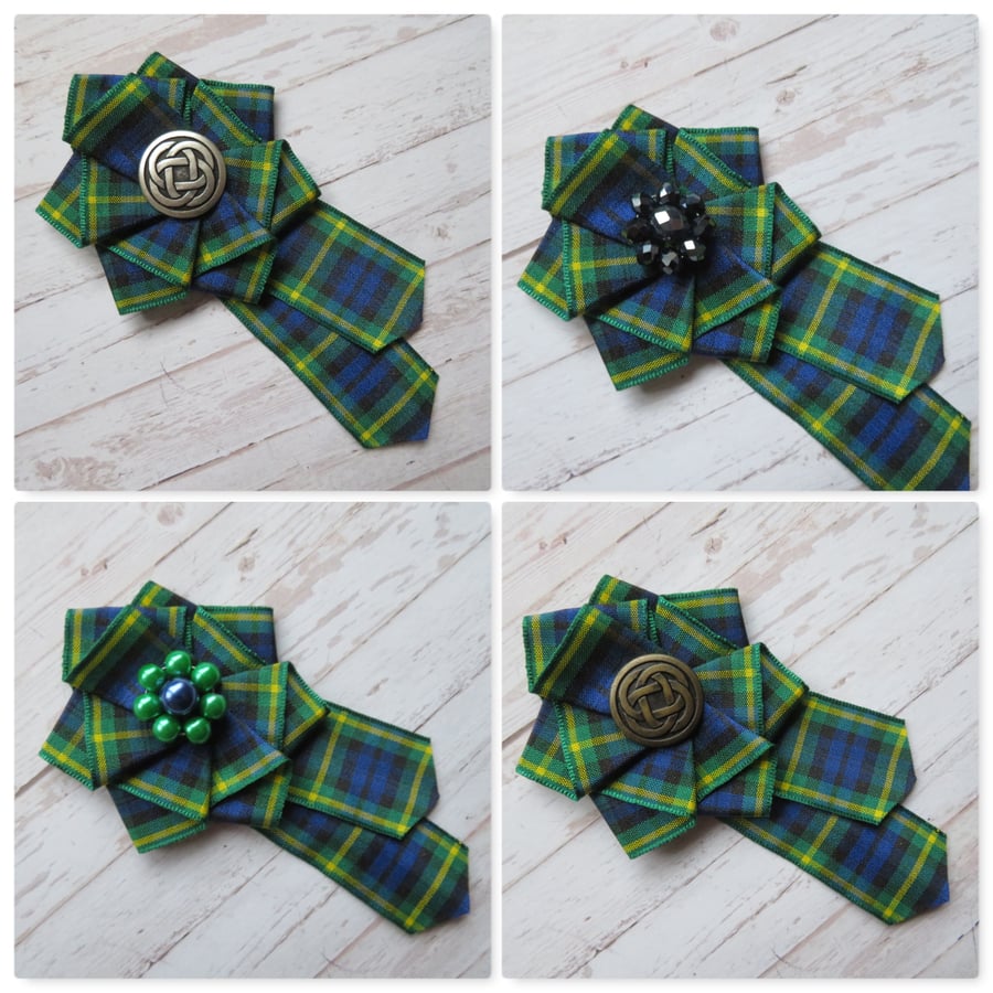 Gordon Tartan Ruffle Rosette Mini Brooch Pin Scottish Plaid Ribbon