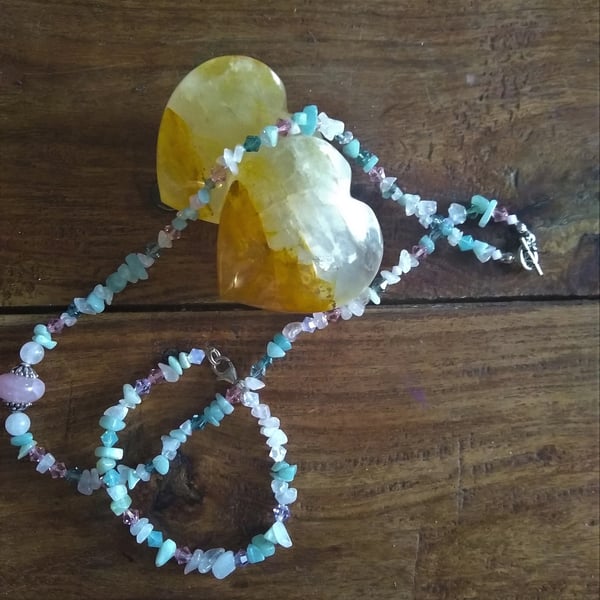 Natural Rainbow Fluorite SET Tumble Chip Handmade Necklace and Bracelet Set