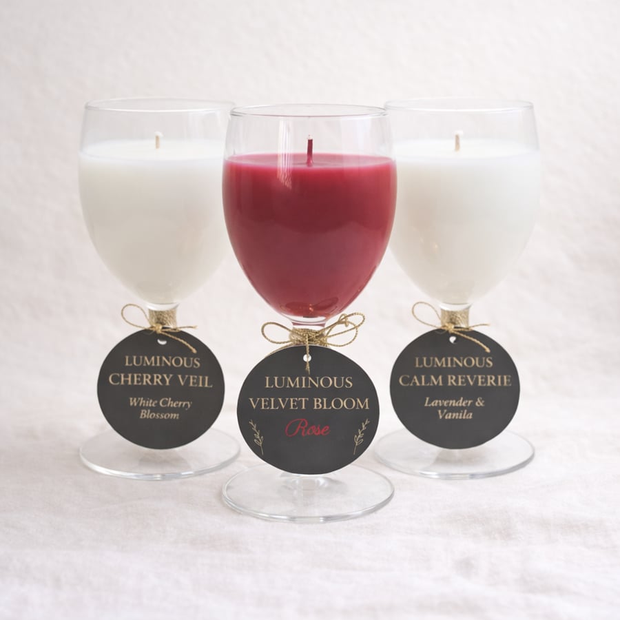 Rose, Lavender Vanilla & Cherry Candle Trio in Wine Glasses - LUMINOUS