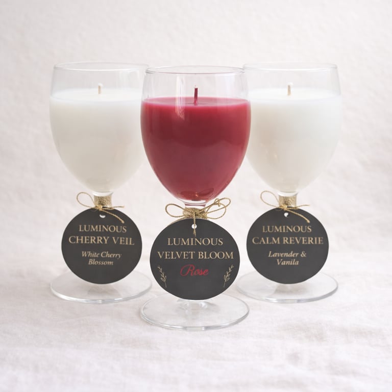 Hand-Poured Soy Candle Trio – Rose, Lavender & Cherry Blossom in Wine Glasses  