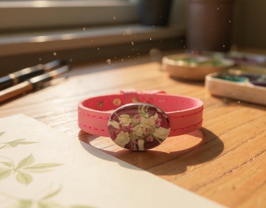 Pale pink flower leather bracelet anniversary gift for women Resin jewellery