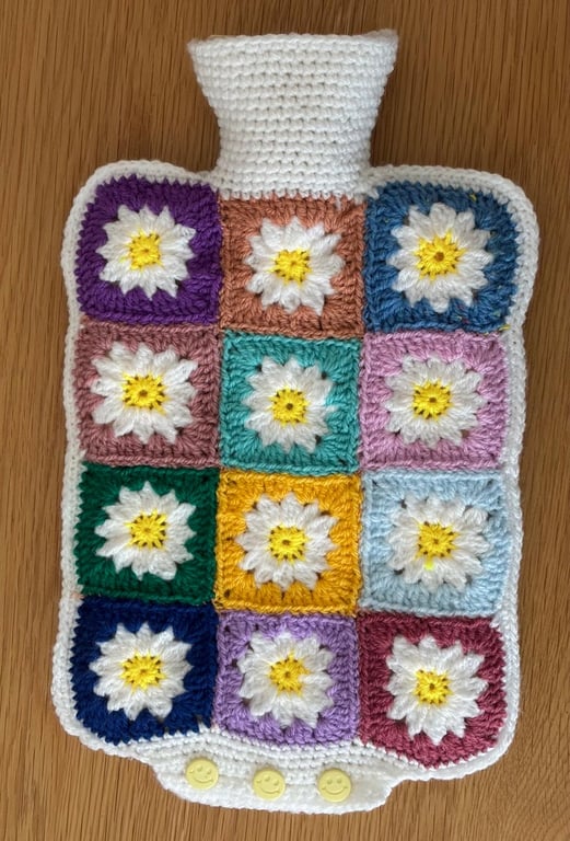 Multi Colour Crochet Squares Hot Water Bottle Cover (J155)