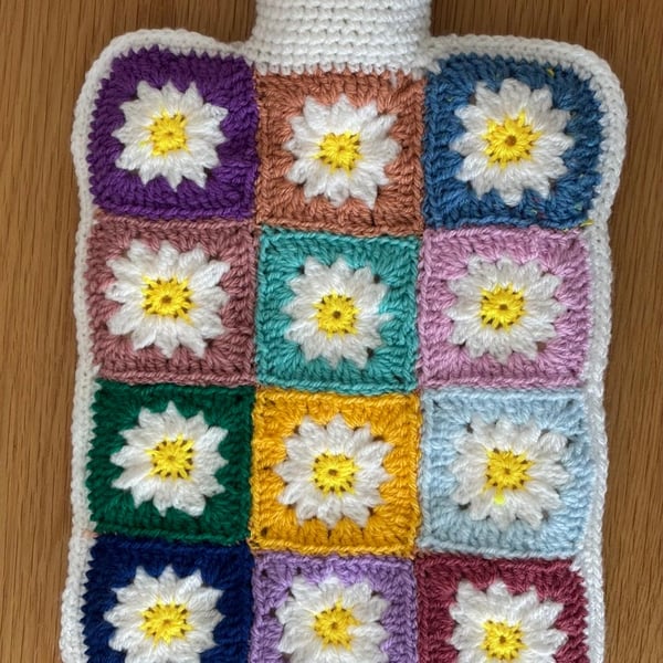 Multi Colour Crochet Squares Hot Water Bottle Cover (J155)