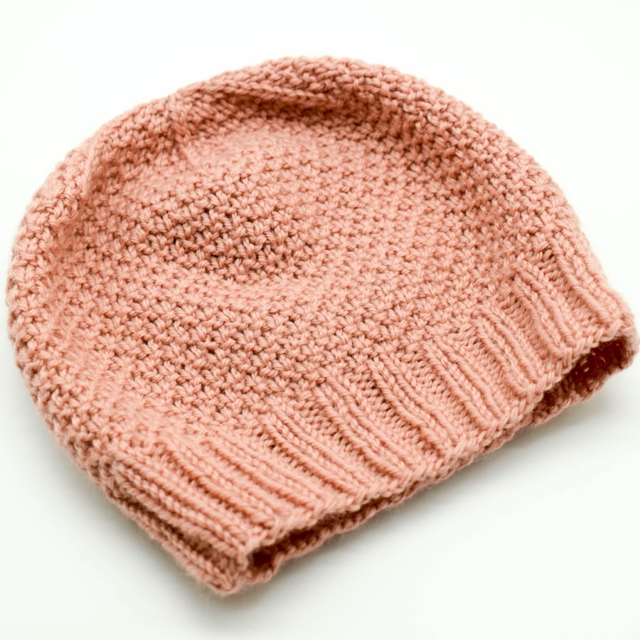 Hand knitted toddler hat in dusky pink